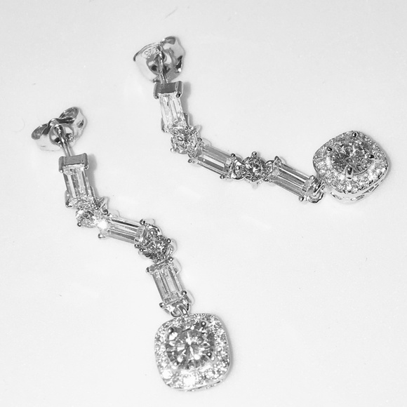 Silver emerald round white CZ dangle drop earrings